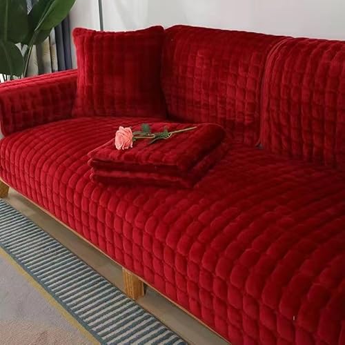 ZYHBBGXFC-XM Luxuriöser Sofabezug aus Kunstfell – Dicker, plüschiger, Rutschfester Sofaschutz, weicher, zotteliger Möbelbezug for Kinder, Haustiere, einfarbig(Rot,110 * 160cm/43 * 63in) von ZYHBBGXFC-XM