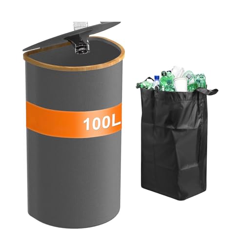 ZYHJZ 100-Liter-Recycling-Glasbehälter mit Deckel und wiederverwendbaren Innenbeuteln, Pfandflaschen-Sammelbehälter, Abfallsortier-Organizer für Küche, Innenbereich, Zuhause,Grey von ZYHJZ