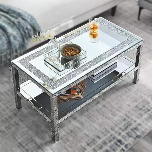 Rechteckiger, Silberfarbener, Verspiegelter Couchtisch Für Das Wohnzimmer – Eleganter, Glänzender Couchtisch Mit 2 Ebenen, Kristalleinlage Und Edelstahlrahmen – Moderner Cocktailtisch/beistelltisch – Rechteckiger, Silberfarbener, Verspiegelter Couchtisch Für Das Wohnzimmer – Eleganter, Glänzender Couchtisch Mit 2 Ebenen, Kristalleinlage Und Edelstahlrahmen – Moderner Cocktailtisch/beistelltisch – von ZYJIX