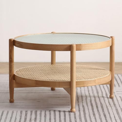 Runder Couchtisch Aus Holz Mit Rattan-ablagefach, 2-stöckiger Boho-mid-century-modern-glasplatte-snack-teetisch, Cocktailtisch, Sofatisch Für Wohnzimmer Und Schlafzim(Size:70x70x45cm,Color:Wood Color) von ZYJIX