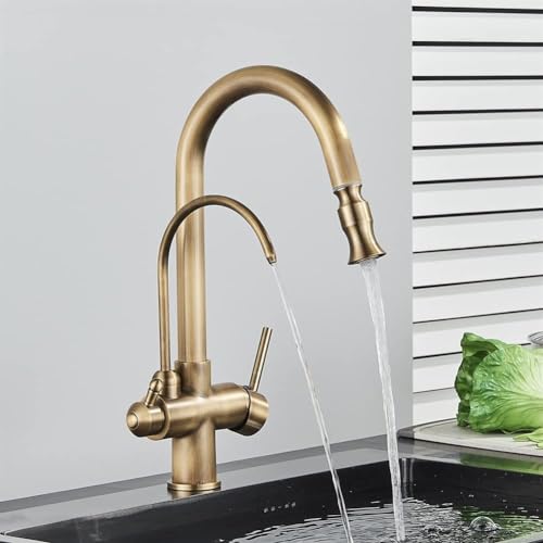 ZYJIX 3-Wege-wasserfilter-Wasserhahn, Antikes Messing, Herausziehbare Küchenarmaturen, Doppelgriff, Waschbecken-mischbatterie, Heiß-kalt-trinkwasserfilter-Wasserhahn von ZYJIX
