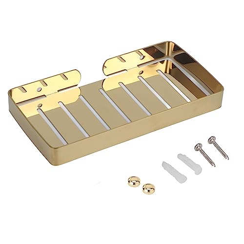 Stainless Steel Soap Holder Wall Mount | 304 Oxidation - proof Soap Container Rack with Drain Holes | Shower Bathroom Kitchen Organizer with 2 Hooks for Towels/Sponges/Brushes (Gold) von ZYLARUM