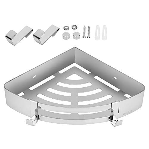 ZYLARUM Stainless Steel Corner Shelf | Triangular Bathroom Storage Rack for Shampoo/Soap/Shower | Hollow Wall Mount Organizer with Hooks | Modern Bathroom Accessory von ZYLARUM