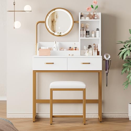 Schminktisch mit LED Beleuchtung Spiegel, Verstellbarer Helligkeit, Kosmetiktisch mit 2 Schubladen, Frisiertisch mit Hocker und drehbarem Spiegel, 138.5x80x40 cm,Gold von ZYLDDS