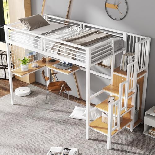 ZYLDDS Metall Hochbett 90 x 200cm mit Schreibtisch und Schrank und Regal-Treppe mit Handlauf, Metallbett Kleine quadratische Netzstreifen an den Seiten (Schwarz+Dunkle),White von ZYLDDS