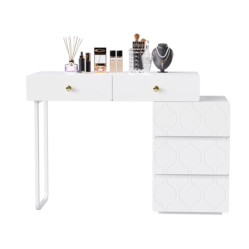 ZYLDDS Schminktisch, Moderner Vanity mit 5 Schubladen, Schrank und Beine Links und rechts austauschbar, Weiß (ohne Spiegel und Hocker),A von ZYLDDS