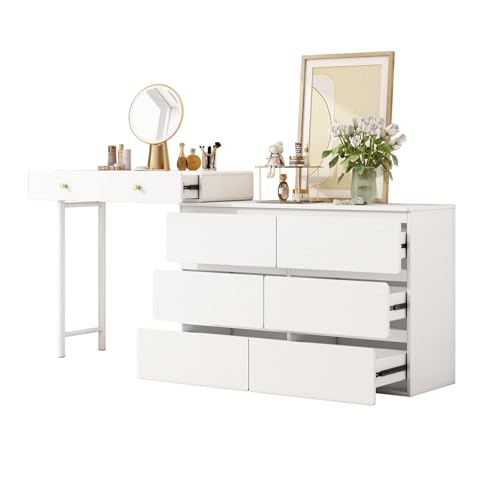 ZYLDDS Schminktisch, Moderner Vanity mit 5 Schubladen, Schrank und Beine Links und rechts austauschbar, Weiß (ohne Spiegel und Hocker),B von ZYLDDS