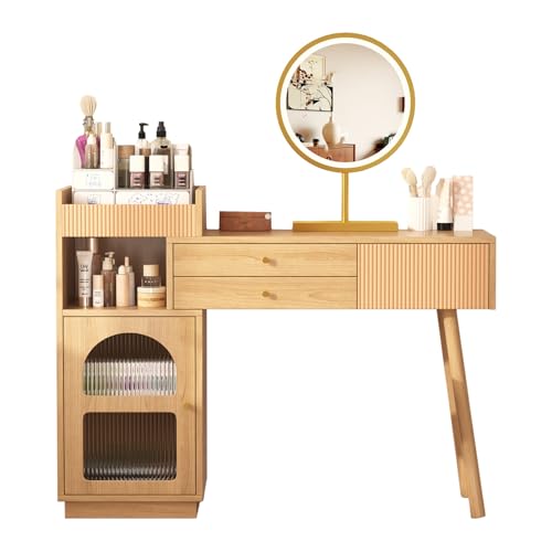 ZYLDDS Schminktisch mit LED-beleuchtetem Spiegel,Natur Schminktisch-Set mit ausziehbarem Design, moderner Kosmetiktisch für das Schlafzimmer,ohne Hocker (B120/H90/T40 cm) von ZYLDDS