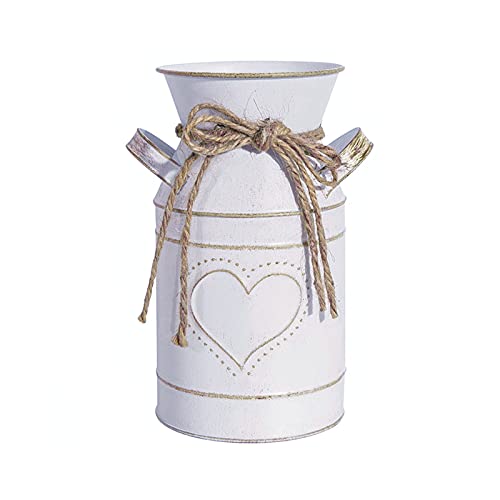 ZYLLZY 2 Stück Shabby Chic Metall verzinkte Vase, 19 cm hoch, Milchkanne mit Herz- und Seil-Design, Vintage-Stil; Krug für Tisch, Zuhause, Blumendekoration (weiß, grau) von ZYLLZY