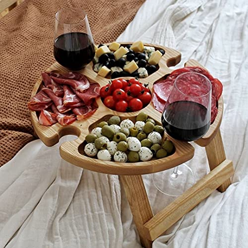 ZYLLZY Klappbarer Picknicktisch aus Holz, für den Außenbereich, mit Rotweinglashalter, tragbare Fachschale für Käse und Obst, zusammenklappbarer Tisch für Reisen, Garten, kleiner Strandtisch von ZYLLZY