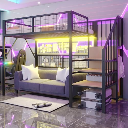 Eisenbett, Etagenbett, Hochbett, Geeignet für Kinder und Jugendliche Vielseitiges,Metall-Hochbett mit APP-gesteuerten LED-Lichtleisten Treppe mit Stauraum, offenem Kleiderschrank (Schwarz, 90*200) von ZYLOYAL10