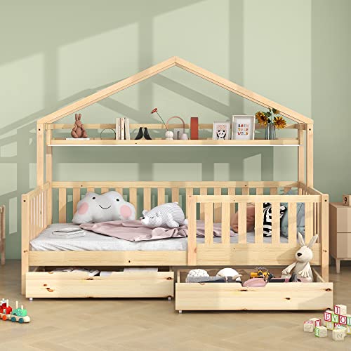 ZYLOYAL10 Kinderbett in Holzfarbe,Kinderbett Hausbett mit Schubladen,Massivholz mit Lattenrost, Kiefernholz Hausbett, Kinder und Jugendzimmer,90x200 von ZYLOYAL10