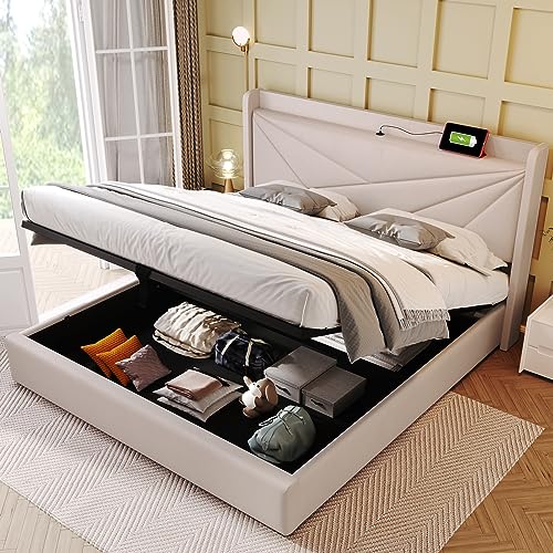 Polsterbett Einzelbett Stauraum Bettkasten mit USB Typ C Ladefunktion Kopfteil,Stauraumbetten Bettgestell aus Leinenmaterial Jugendbett 90x200 mit lattenrost (160x200CM, Beige - Ohne Matratze) von ZYLOYAL10