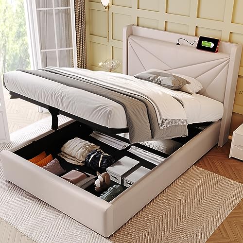 Polsterbett Einzelbett Stauraum Bettkasten mit USB Typ C Ladefunktion Kopfteil,Stauraumbetten Bettgestell aus Leinenmaterial Jugendbett 90x200 mit lattenrost (90x200CM, Beige - Ohne Matratze) von ZYLOYAL10