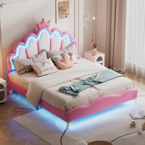 ZYLOYAL10 140 * 200cm Flaches Doppelbett, kronenförmiges Prinzessinnenbett, weiche Polsterung aus PU-Leder, Verstellbarer LED-Umgebungslichtstreifen (Rosa) von ZYLOYAL10