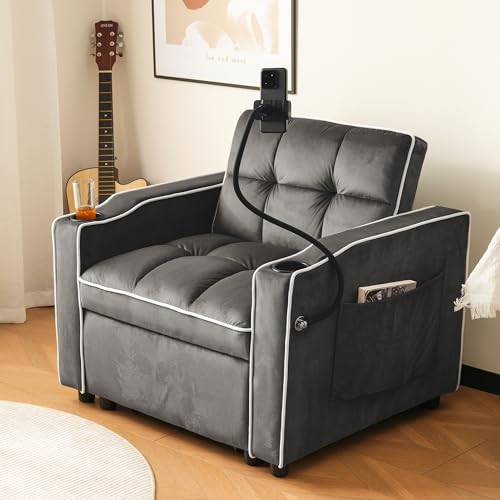 ZYLOYAL10 3-in-1 Ausziehbares Einzel-Schlafsofa – Mit Getränkehaltern und Handyhalter, Sofa-Liegestuhl, Schlafstuhl, Sessel, perfekt für kleine Räume (Dunkelgrau) von ZYLOYAL10