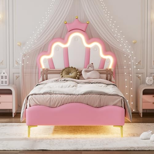 ZYLOYAL10 90 * 200cm Flaches Doppelbett, kronenförmiges Prinzessinnenbett, weiche Polsterung aus PU-Leder, Verstellbarer LED-Umgebungslichtstreifen (Rosa) von ZYLOYAL10