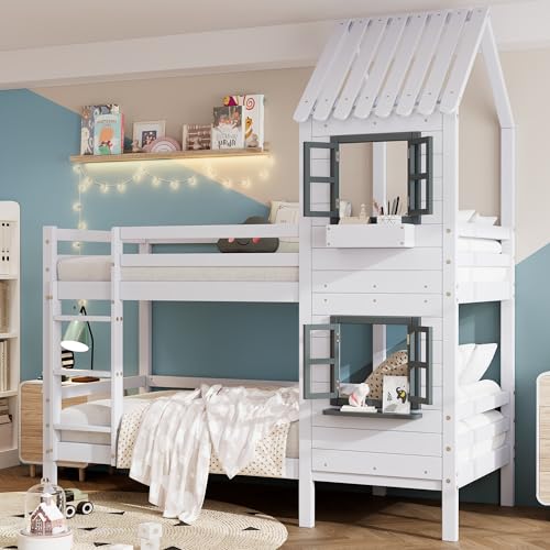 ZYLOYAL10 Etagenbett mit Handlauf und Fenster, Hausbett, Kinderbett mit Fallschutz und Gitter, Rahmen aus Holz (90x200cm) (Weiß - A) von ZYLOYAL10