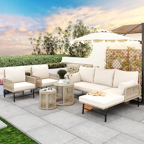 ZYLOYAL10 Gartenlounge-Set, Gartenmöbel-Set, Mit Eisenrahmen und beigem Seil, Gartenmöbel aus gewebtem Seil für den Außenbereich, Beige, Zwei Sessel, Zwei 2-Sitzer-Sofas und Zwei Tische (Beige) von ZYLOYAL10