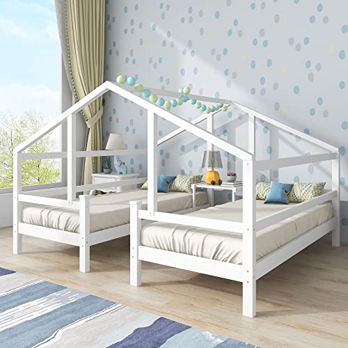 ZYLOYAL10 Hausbett für 2 Kinder， Zwei Einzelbetten unter einem Dach im Hausbettdesign mit Nachttisch und Lattenrost，Jugendbett 90 * 200 mit Rausfallschutz，Weiß von ZYLOYAL10