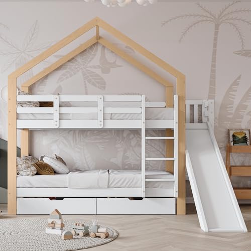 ZYLOYAL10 Kinderbett Baumhaus Etagenbett mit Speicherung und Rausfallschutz 90 x 200 cm, Hochbett für Kinder Bettrahmen aus Massivholz – 2X Schubladen von ZYLOYAL10