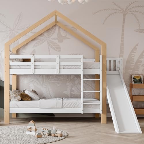 ZYLOYAL10 Kinderbett Baumhaus mit Rutsche & Leiter 90 x 200 cm, Hochbett für Kinder – Etagenbett mit Rutsche und dreistufiger Winkelaufstiegsleiter von ZYLOYAL10