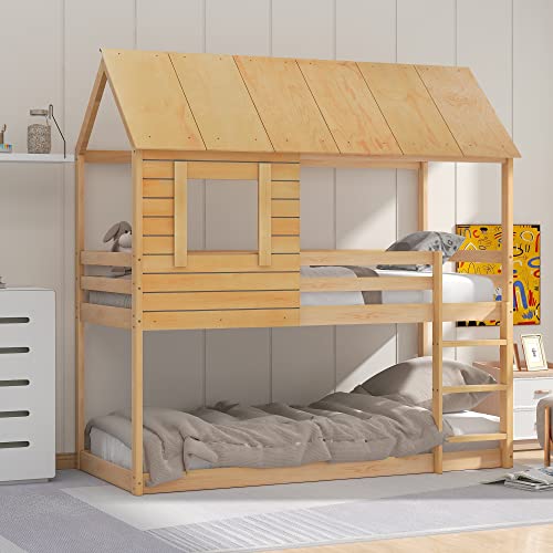 ZYLOYAL10 Kinderbett Holz Etagenbett 90 X 200 cm, Kinder hausbett mit Dach, Leiter und Lattenrost Eichenfarbe (Eiche) von ZYLOYAL10