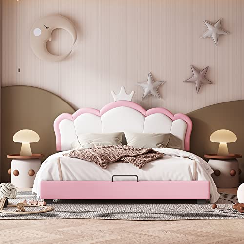 ZYLOYAL10 Kinderbett Polsterbett 140 * 200cm mit Lattenrosten und Rückenlehne, Mädchenbett mit Kronenformung, rosa (Matratze Nicht enthaltet) von ZYLOYAL10