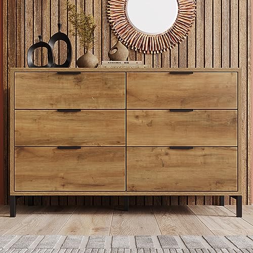 ZYLOYAL10 Kommode, Sideboard mit 6 Schubladen in Dunkle Eiche, Verstellbare Ablage, Sideboard Highboard für Schlafzimmer & alle Wohnräume (120 x 40 x 83 cm) von ZYLOYAL10