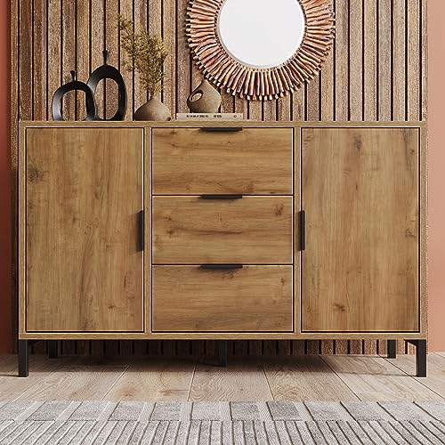 ZYLOYAL10 Kommode mit 2 Türen und 3 Schubladen, in Dunkle Eiche, Verstellbare Ablage, Sideboard Highboard für Schlafzimmer & alle Wohnräume (120 x 40 x 76 cm) von ZYLOYAL10