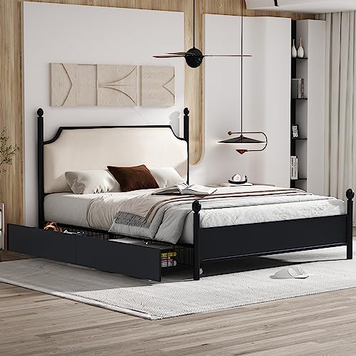 ZYLOYAL10 Modern Metallbett, Bettgestelle mit Lattenrost, Einzelbett, Bettrahmen mit Kopfteil, Gästebett, Jugendbett für Schlafzimmer, Gästezimmer, Schwarz (Mit Schublade, 140x200 cm,) von ZYLOYAL10