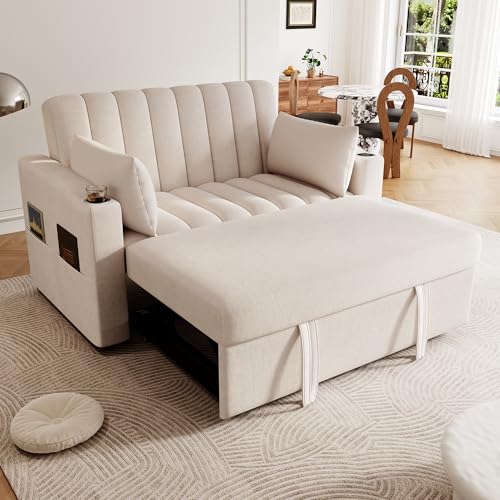 ZYLOYAL10 Modernes Multifunktionssofa, Schlafsofa, Schlafcouch mit Schlaffunktion, Doppelsofa mit Verstellbarer Rückenlehne, mit Getränkehalter und Kissen, geeignet für Wohnzimmer (Beige) von ZYLOYAL10