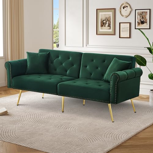 ZYLOYAL10 Modernes Schlafsofa – Samtbezug, Rückenlehne mit 3-stufiger Verstellung & vergoldete Metallfüße Stilvolles Sofa mit Schlaffunktion (Grün, 2-Sitzer) von ZYLOYAL10