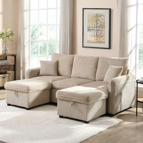 ZYLOYAL10 Multifunktionale Ecksofa U-Form-Dreisitzer Polster-Sofa mit Staufunktion – Inklusive Schubladen + Hocker mit Staufach, modular zerlegbares Sofa-Set mit Schlaffunktion (Beige) von ZYLOYAL10