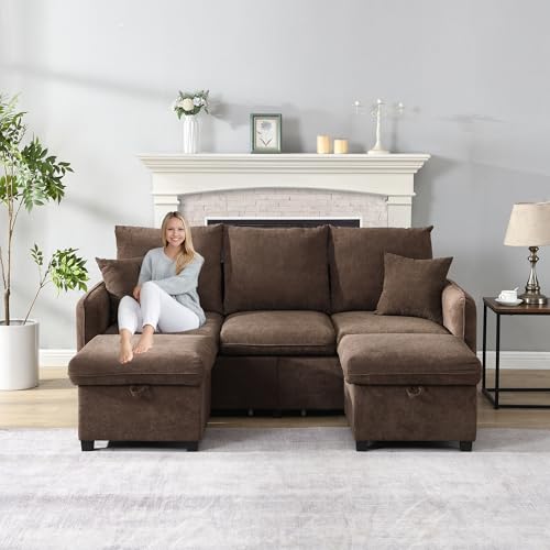 ZYLOYAL10 Multifunktionale Ecksofa U-Form-Dreisitzer Polster-Sofa mit Staufunktion – Inklusive Schubladen + Hocker mit Staufach, modular zerlegbares Sofa-Set mit Schlaffunktion (Braun) von ZYLOYAL10
