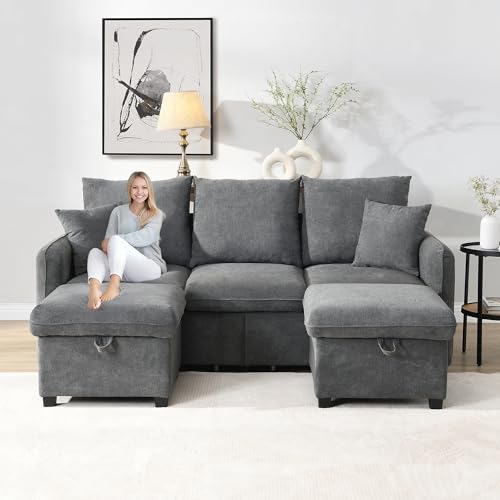 ZYLOYAL10 Multifunktionale Ecksofa U-Form-Dreisitzer Polster-Sofa mit Staufunktion – Inklusive Schubladen + Hocker mit Staufach, modular zerlegbares Sofa-Set mit Schlaffunktion (Dunkelgrau) von ZYLOYAL10