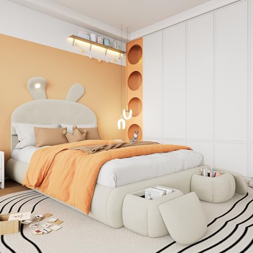 ZYLOYAL10 Polsterbett, Einzelbett, Hasenohren mit Einstellbarer Helligkeit warmfarbenen Lichtstreifen, mit Zwei Aufbewahrungshockern, Kinderbett mit Holzlatten, Samt (Beige, 140x200cm) von ZYLOYAL10