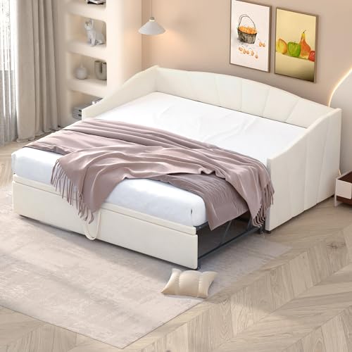 ZYLOYAL10 Polsterbett Ausziehbares Schlafsofa 90/180 * 200 cm mit Lattenrosten, Multifunktionsbett aus hautfreundlichem Samtstoff (Beige) von ZYLOYAL10