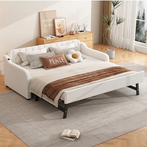 ZYLOYAL10 Polsterbett Ausziehbares Schlafsofa 90/180 * 200 cm mit Lattenrosten, Multifunktionsbett aus hautfreundlichem Samtstoff (Beige - D) von ZYLOYAL10