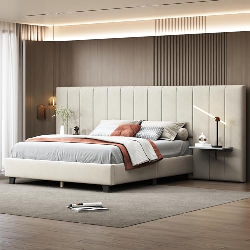 ZYLOYAL10 Polsterbett Doppelbett mit verlängertem Kopfteil und Rückenlehne, Ablagen an beiden Seiten des Kopfteils, mit Lattenrost, Samtstoff (Beige, 160 x 200 cm) von ZYLOYAL10