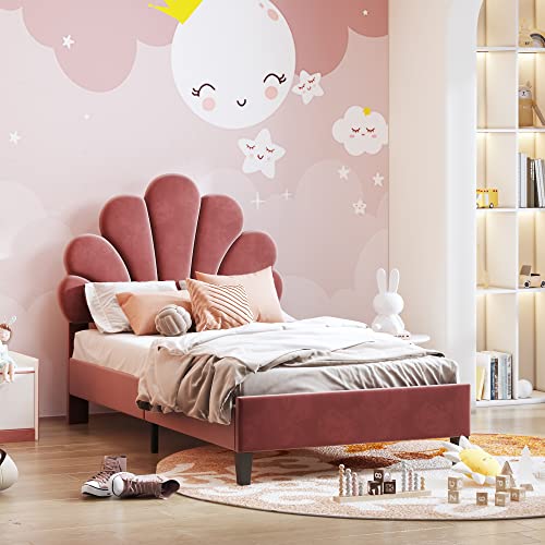 ZYLOYAL10 Polsterbett Kinderbett 90 x 200 cm, Bettgestell mit Kopfteil in Blumenform und Lattenrost, Teenie-Mädchenbett in hautfreundlichem Samtstoff, Gästebett (Farbe: Bohnenrot) (Bohnenrot) von ZYLOYAL10