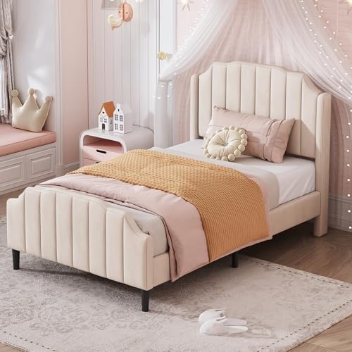 ZYLOYAL10 Polsterbett Kinderbett Bettrahmen mit Kopfteil, Fußteil und Lattenrost Rosa Samt gepolstertes Doppelbett Jugendbett Gästebett (90 x 200 cm, Beige) von ZYLOYAL10