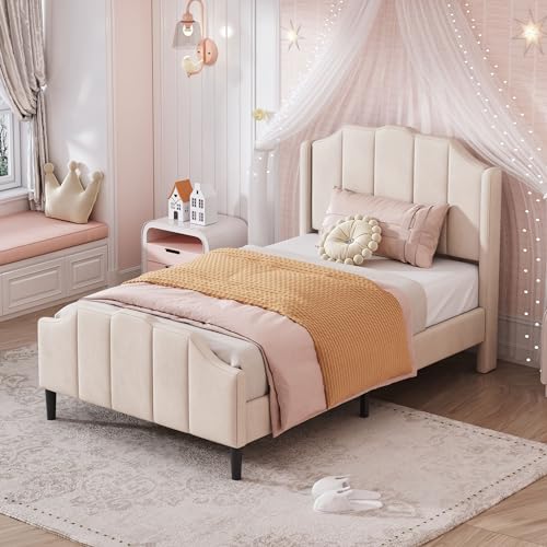 ZYLOYAL10 Polsterbett Kinderbett Bettrahmen mit Kopfteil, Fußteil und Lattenrost Rosa Samt gepolstertes Doppelbett Jugendbett Gästebett (90 x 200 cm, Beige) von ZYLOYAL10