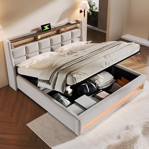 ZYLOYAL10 Polsterbett mit USB L-E-D Doppelbett mit Lattenrost aus Metallrahmen,Bettgestell aus Leinenmaterial Jugendbett (Beige, 160x200cm) von ZYLOYAL10