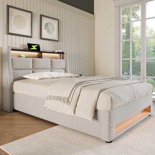 ZYLOYAL10 Polsterbett mit USB L-E-D Doppelbett mit Lattenrost aus Metallrahmen,Bettgestell aus Leinenmaterial Jugendbett (Beige, 90x200cm) von ZYLOYAL10