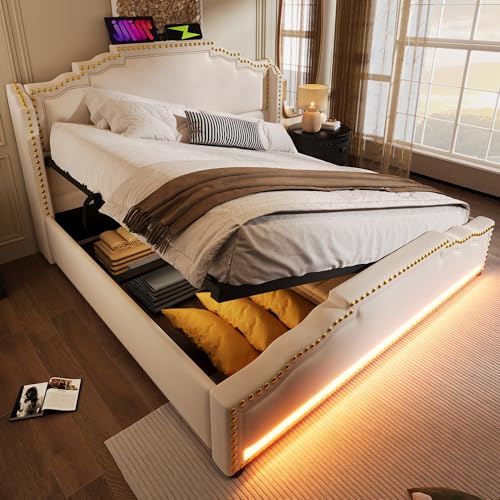ZYLOYAL10 Polsterbett mit USB L-E-D Doppelbett mit Lattenrost aus Metallrahmen,Bettgestell aus Leinenmaterial Jugendbett (Beige - C, 160x200cm) von ZYLOYAL10