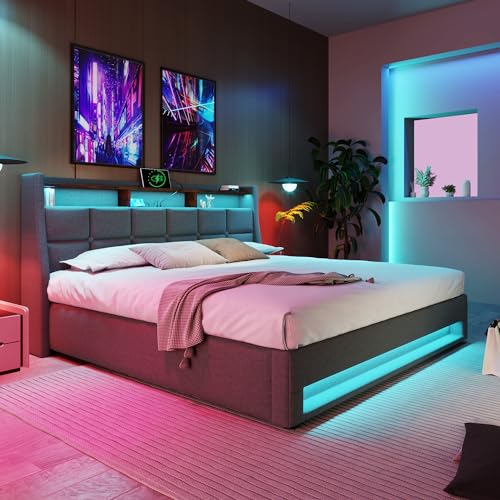 ZYLOYAL10 Polsterbett mit USB L-E-D Doppelbett mit Lattenrost aus Metallrahmen,Bettgestell aus Leinenmaterial Jugendbett (Grau, 160x200cm) von ZYLOYAL10
