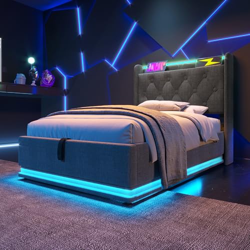 ZYLOYAL10 Polsterbett mit USB L-E-D Doppelbett mit Lattenrost aus Metallrahmen,Bettgestell aus Leinenmaterial Jugendbett (Grau - A, 90x200cm) von ZYLOYAL10