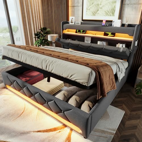 ZYLOYAL10 Polsterbett mit USB L-E-D Doppelbett mit Lattenrost aus Metallrahmen,Bettgestell aus Leinenmaterial Jugendbett (Grau - B, 140x200cm) von ZYLOYAL10