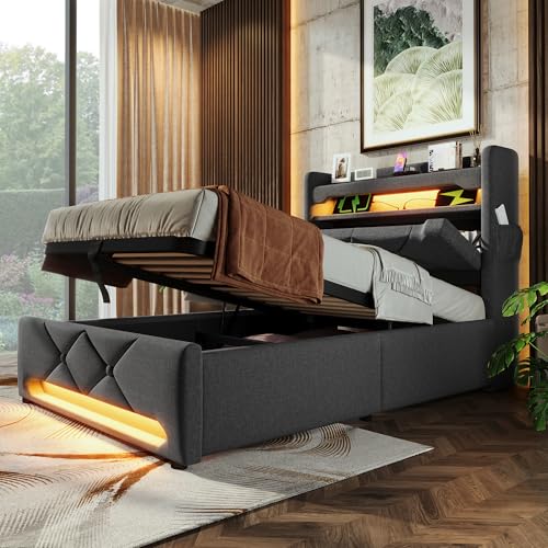 ZYLOYAL10 Polsterbett mit USB L-E-D Doppelbett mit Lattenrost aus Metallrahmen,Bettgestell aus Leinenmaterial Jugendbett (Grau - B, 90x200cm) von ZYLOYAL10